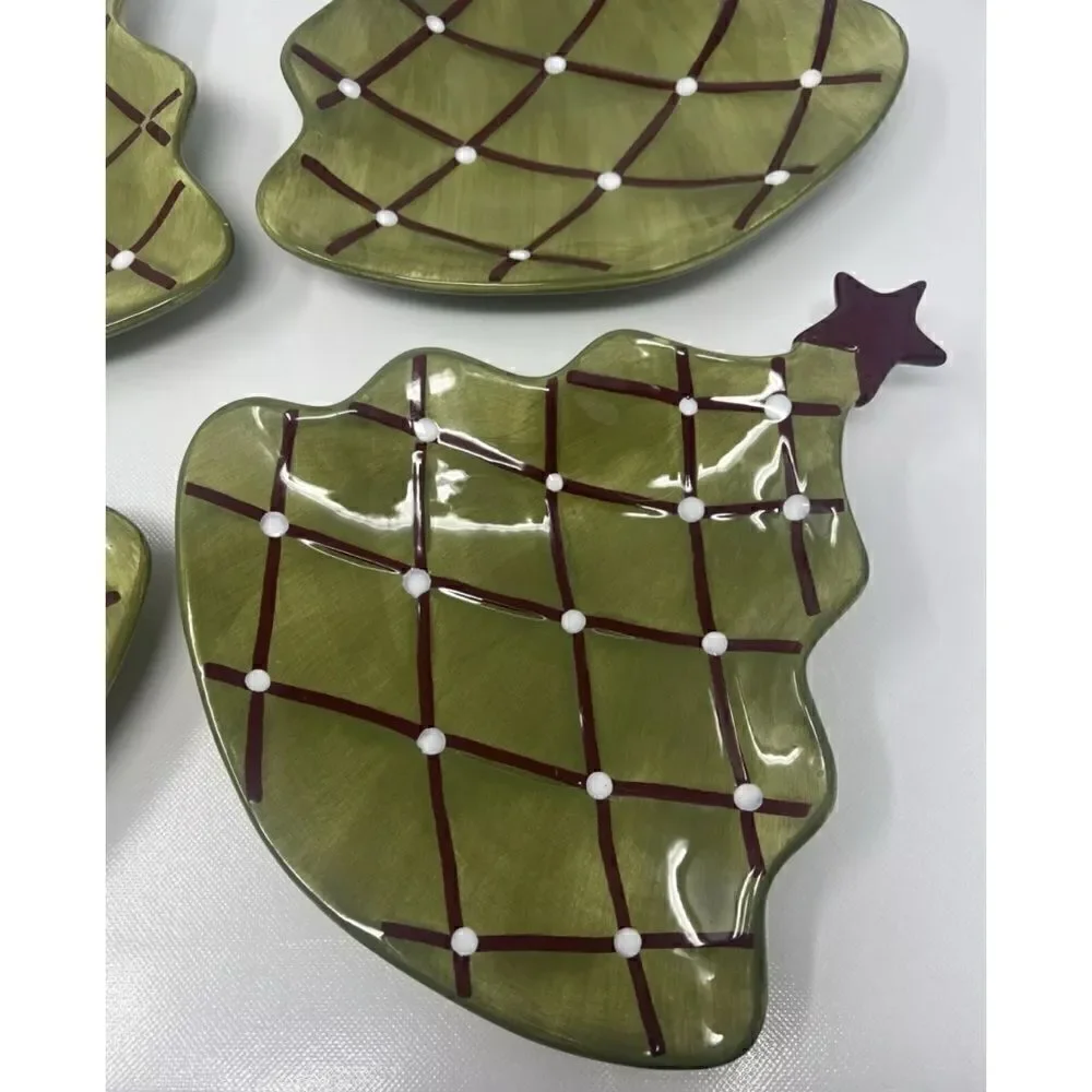 Vintage POTTERY BARN Season's Greetings Christmas Tree  Appetizer Plates 4 / New